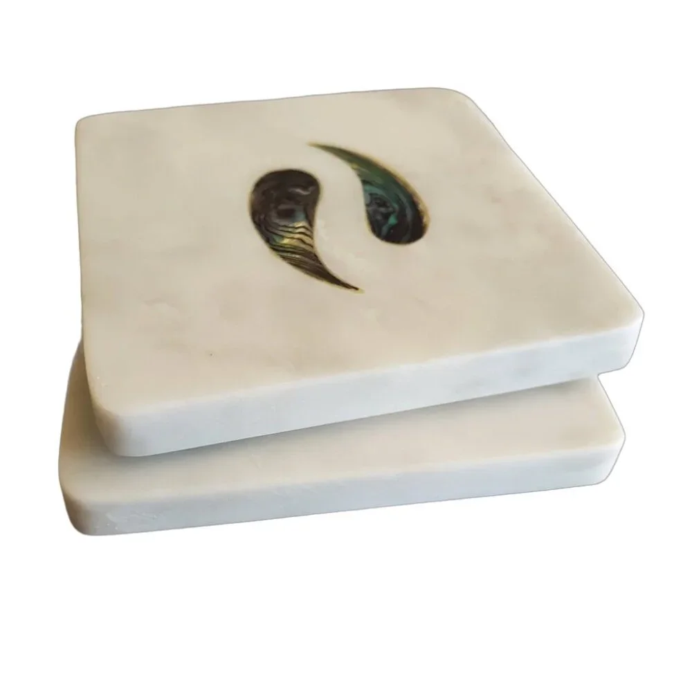 Yin and Yang Marble and Abalone Shell Coasters Set of 2